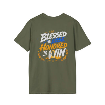 Blessed to Lose, Honored to Win T-Shirt featuring bold graphic design on a classic crew neck tee.