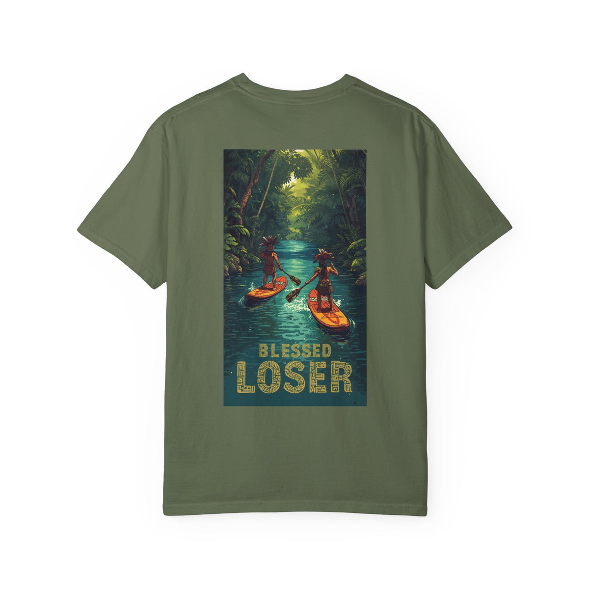 Blessed Loser Unisex Garment-Dyed T-Shirt, River Trip in sage color, showcasing a vibrant paddleboarding design.