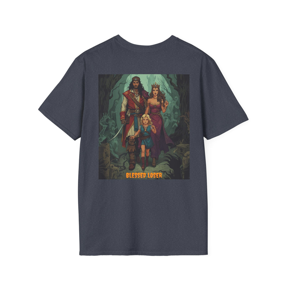 Back view of Unisex Softstyle T-Shirt in Heather Navy featuring 'Blessed Loser' Design | LUU with unique graphic.