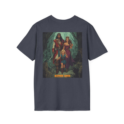 Back view of Unisex Softstyle T-Shirt in Heather Navy featuring 'Blessed Loser' Design | LUU with unique graphic.