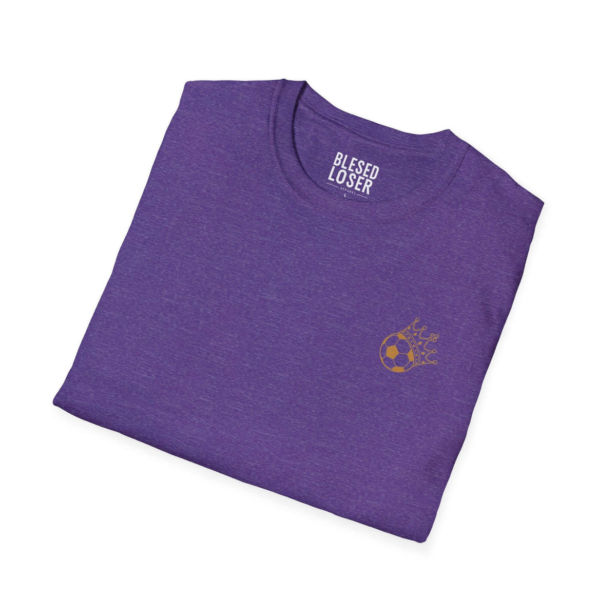 Blessed to Lose, Honored to Win T-Shirt in purple with golden soccer graphic folded neatly