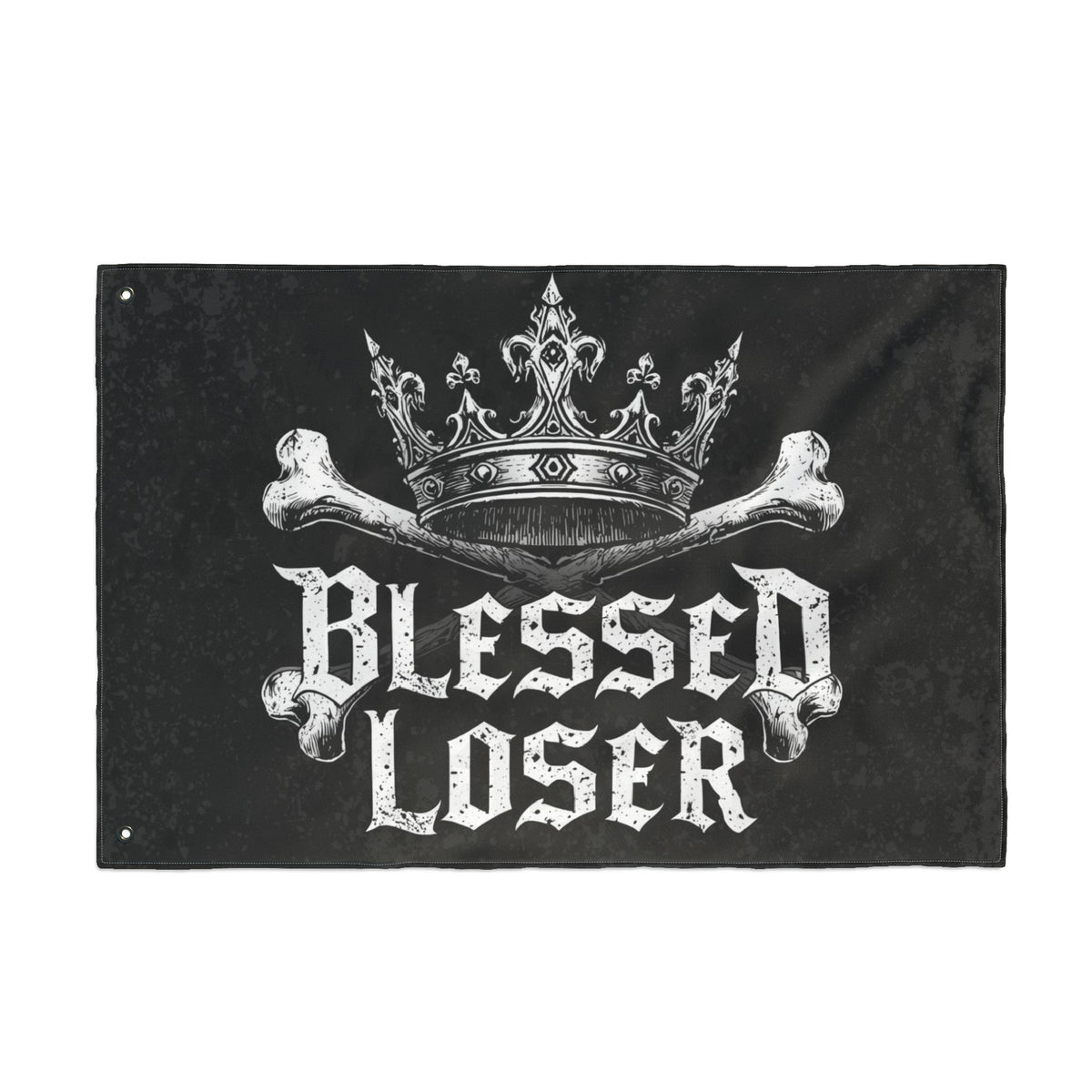 Blessed loser Black flag featuring skull and crown design, perfect for outdoor decoration and quirky art lovers.