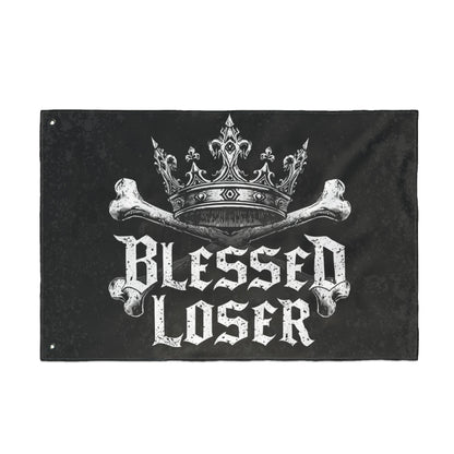 Blessed loser Black flag featuring skull and crown design, perfect for outdoor decoration and quirky art lovers.