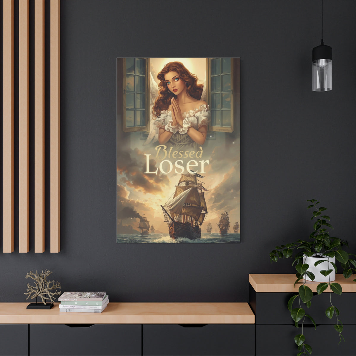 Blessed Loser Design Canvas Wall Art in a stylish living room setup, size 32x48 inches, vibrant imagery and artistic beauty.