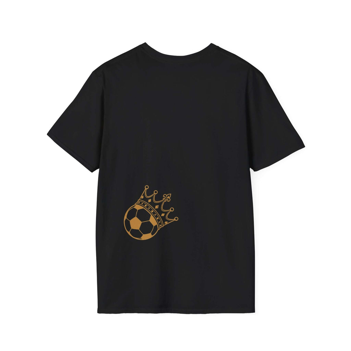 Soccer Splash T-Shirt — "Play Hard, Live" Colorful Football Graphic back view with crowned soccer ball design