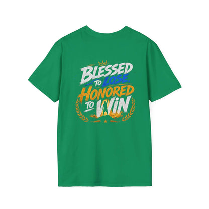 Blessed to Lose, Honored to Win T-Shirt showing vibrant back graphic on a green tee.