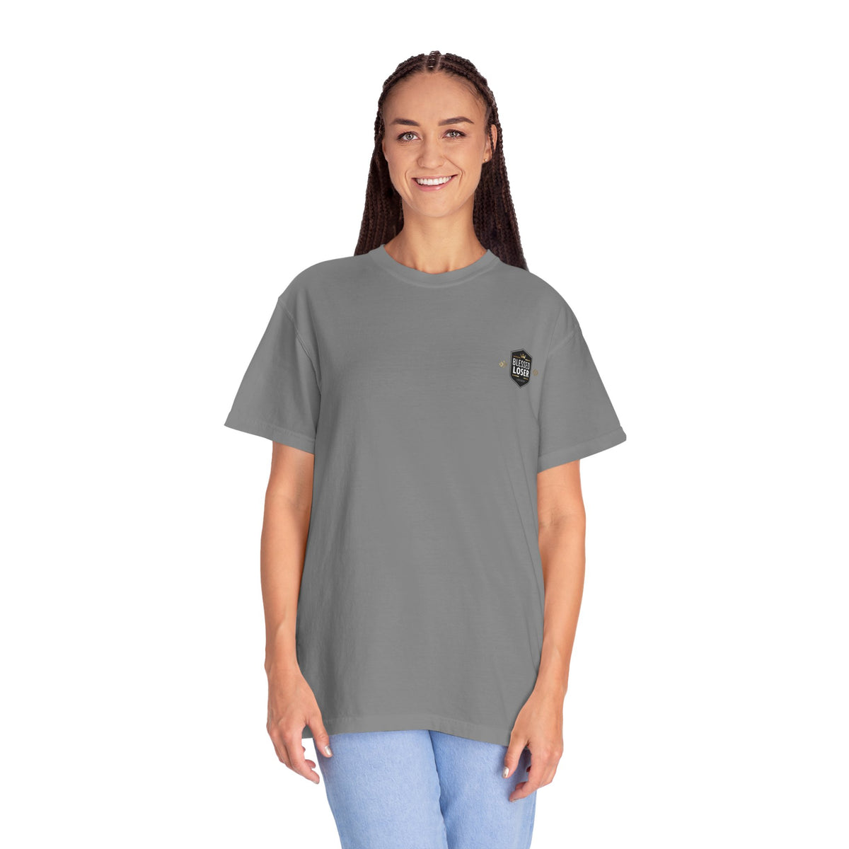 Hells bells Tshirt, Blessed Loser model wearing a gray t-shirt with a relaxed fit and unique design.