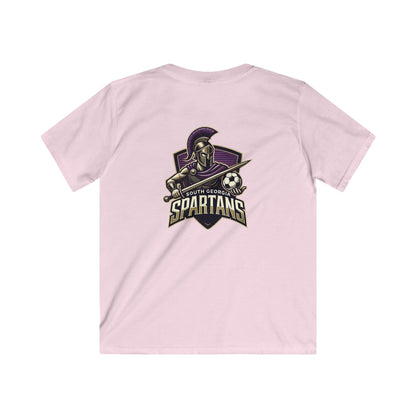 Kids Tee — South Georgia Spartans Soccer Logo Shirt featuring a Spartan mascot graphic on the back.