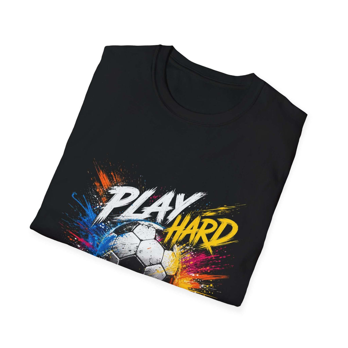 Soccer Splash T-Shirt — "Play Hard, Live" Colorful Football Graphic on black cotton tee.