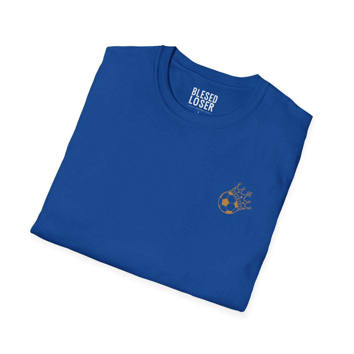 Blessed to Lose, Honored to Win T-Shirt folded in blue fabric with soccer ball graphic.