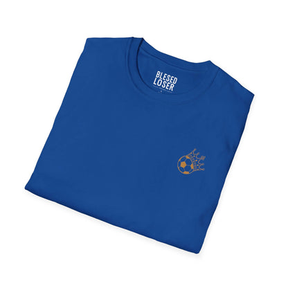 Blessed to Lose, Honored to Win T-Shirt folded in blue fabric with soccer ball graphic.