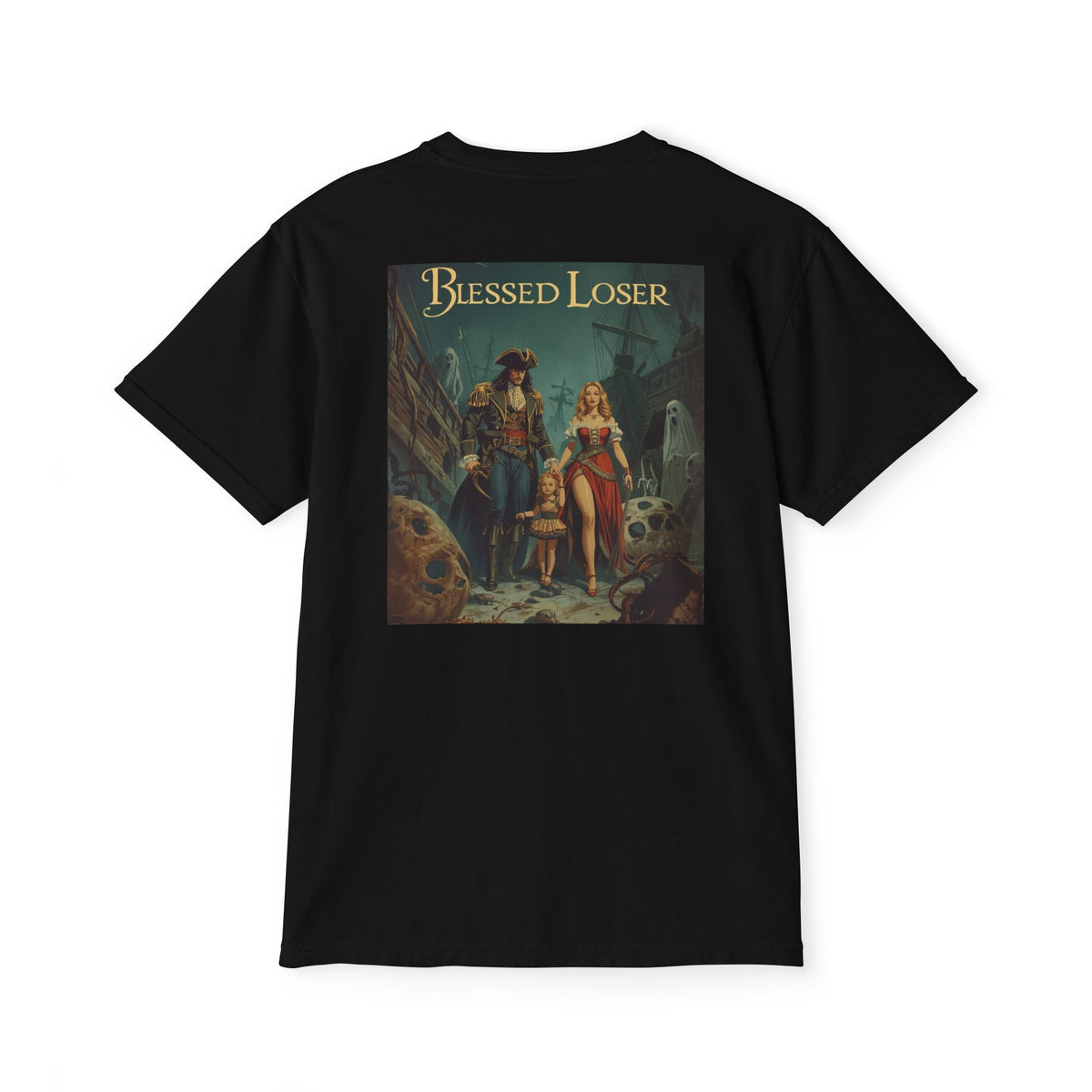 Blessed Loser Graphic Tee, LUU featuring a vintage pirate design on a black unisex t-shirt.