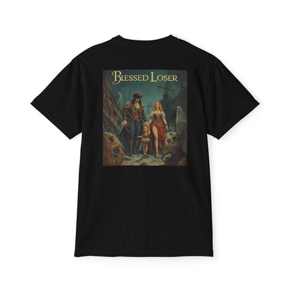 Blessed Loser Graphic Tee, LUU featuring a vintage pirate design on a black unisex t-shirt.