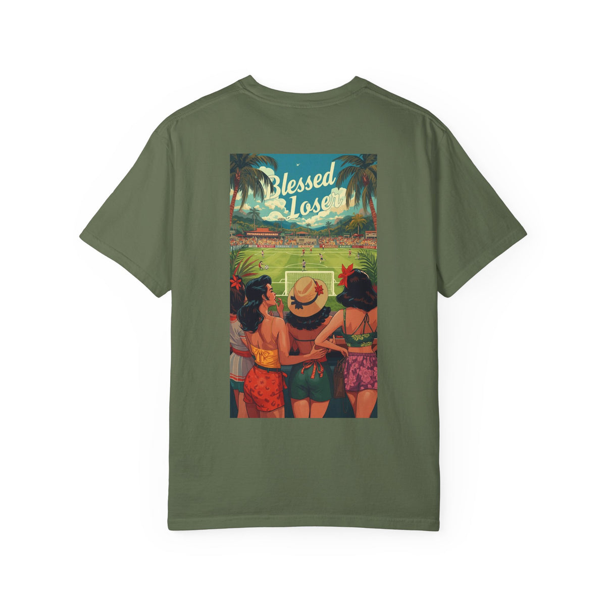 Blessed Losers Garment-Dyed T-Shirt, Comfort colors in sage with colorful retro graphic design on back.