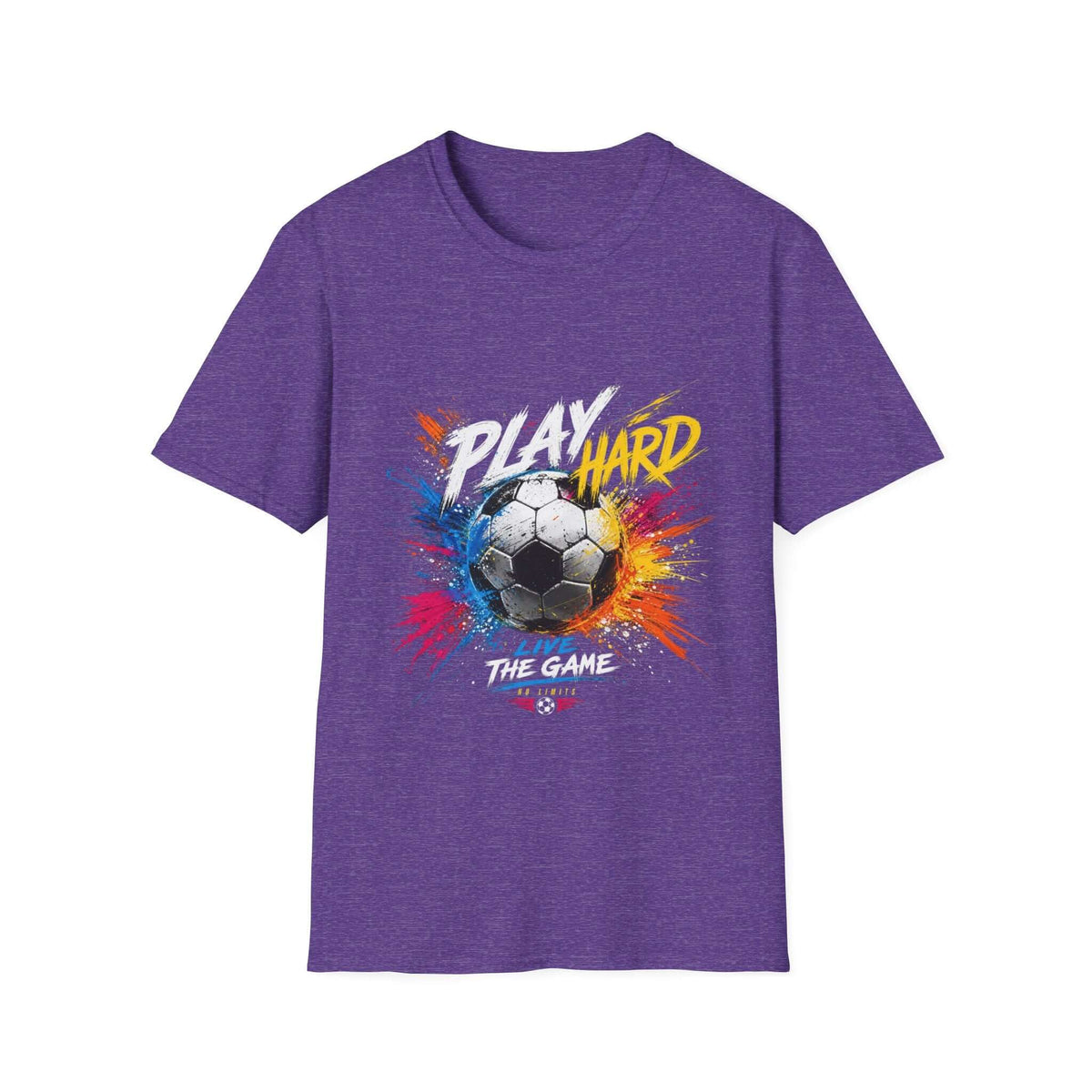 Soccer Splash T-Shirt — "Play Hard, Live" Colorful Football Graphic in Heather Purple with vibrant soccer design.