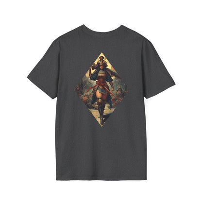 T-Shirt — "Blessed Loser" Minimal Chest Logo Tee featuring a warrior graphic on the back, perfect for casual wear.