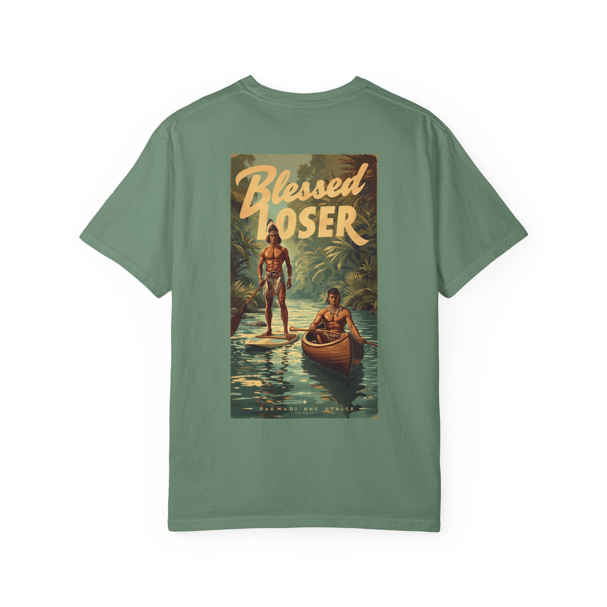 Blessed Loser Unisex T-Shirt, River Trip in light green with vintage river design on back.