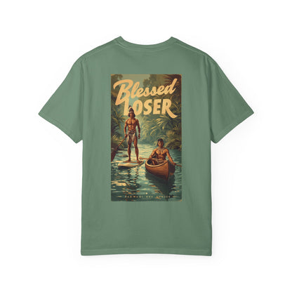 Blessed Loser Unisex T-Shirt, River Trip in light green with vintage river design on back.