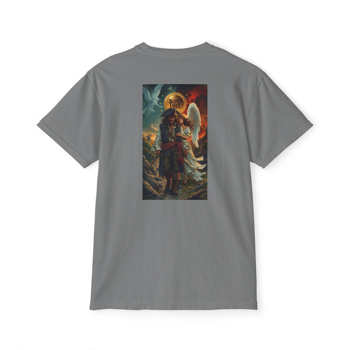 Blessed Loser Captain an Wife Pocket T-Shirt with graphic design of a pirate and angel on the back.