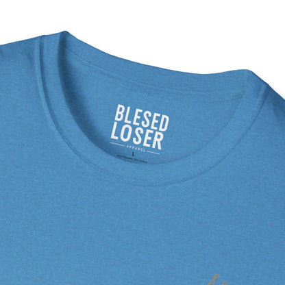 Blessed to Lose, Honored to Win T-Shirt close-up showing the blue fabric and crew neck design.