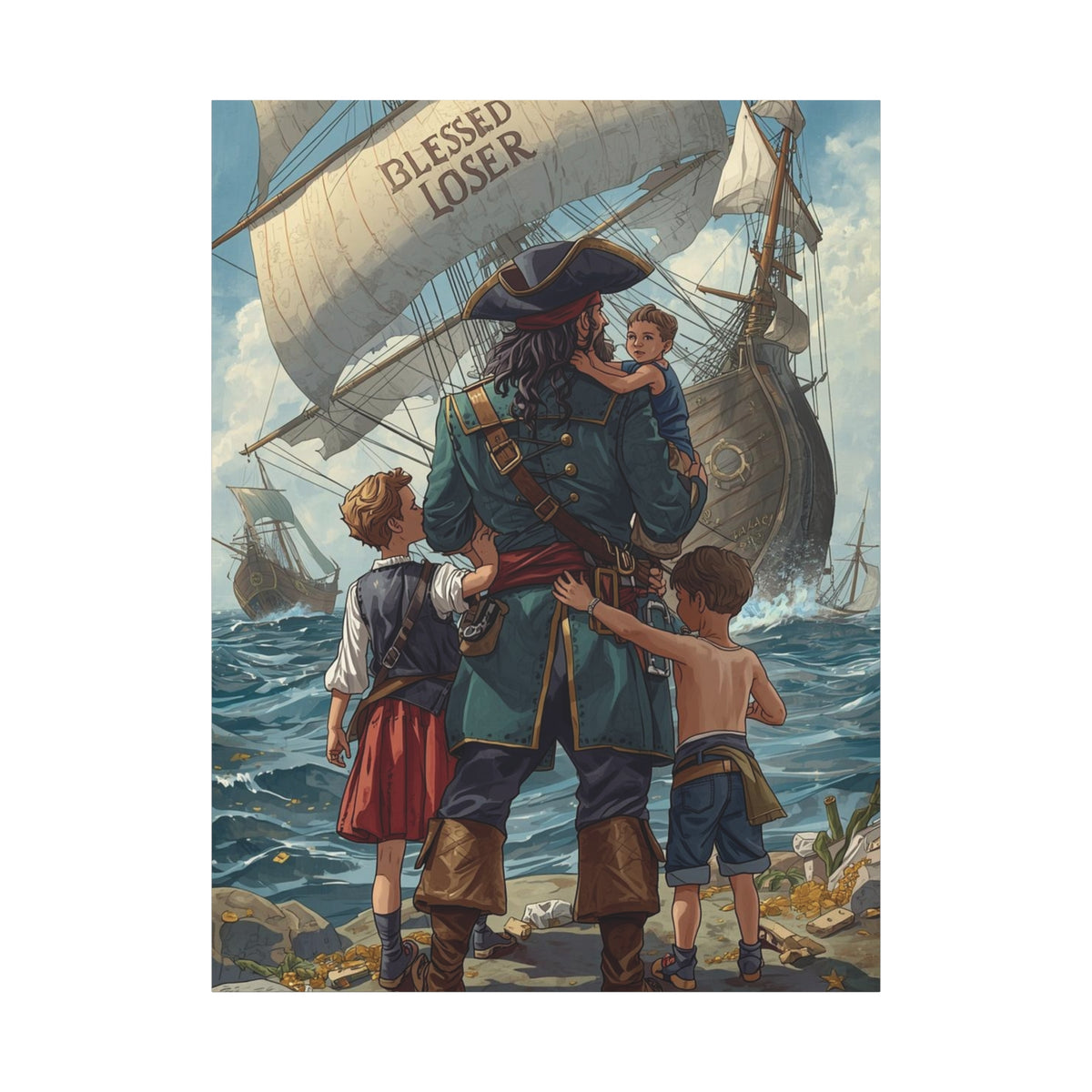 Blessed Loser Canvas Art featuring a pirate with children by the sea, perfect for Nautical Décor and inspiration.