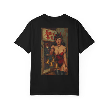Hells bells Tshirt, Blessed Loser featuring a stylish design on a black garment-dyed unisex t-shirt.