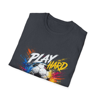 Soccer Splash T-Shirt — "Play Hard, Live" Colorful Football Graphic showing vibrant splash-art design.