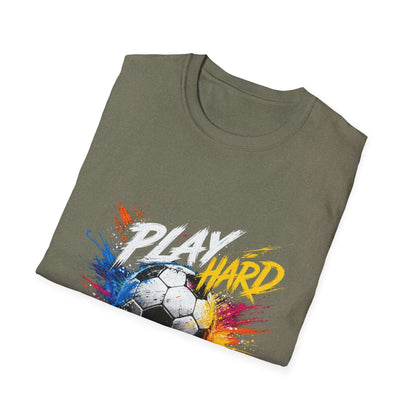 Soccer Splash T-Shirt — "Play Hard, Live" Colorful Football Graphic with vibrant artwork and crew neckline.