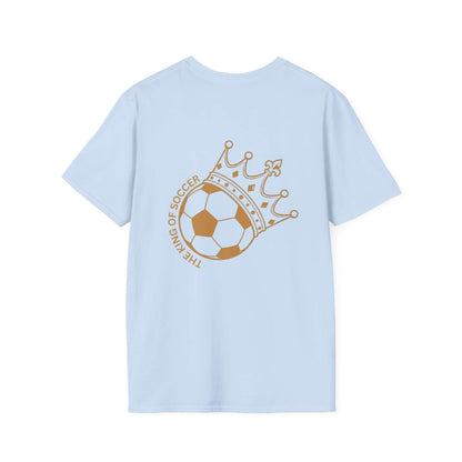 Back view of light blue tee featuring a crowned soccer ball design with the text 'The King of Soccer'.