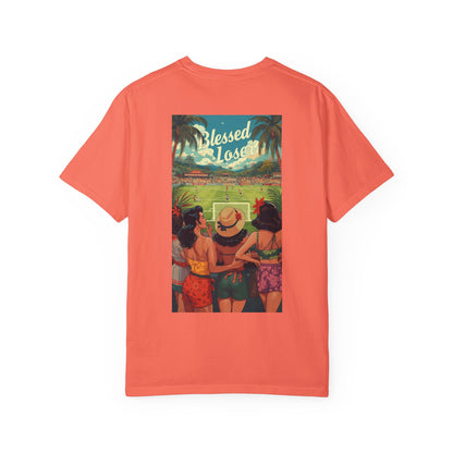 Blessed Losers Garment-Dyed T-Shirt, Comfort colors in Bright Salmon with vibrant beach and friends design.