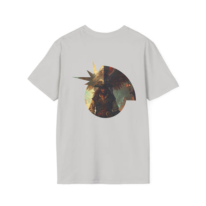 Back view of a light gray t-shirt featuring a circular graphic design of a pirate with an eagle and dramatic colors.