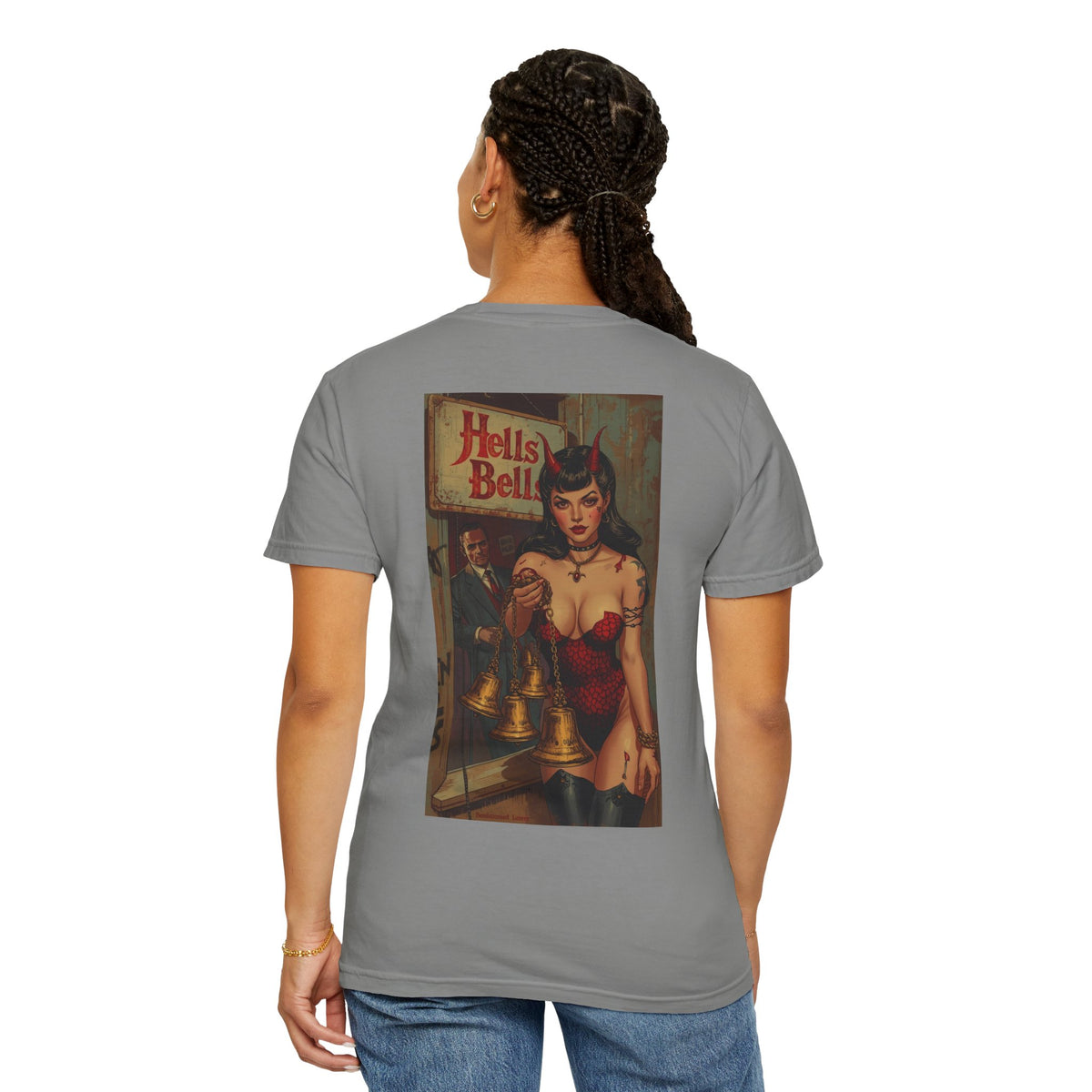 Stylish woman wearing Hells bells Tshirt, Blessed Loser with unique graphic design on the back.