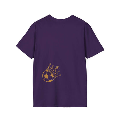 Soccer Splash T-Shirt — "Play Hard, Live" Colorful Football Graphic back view with crowned soccer ball design.