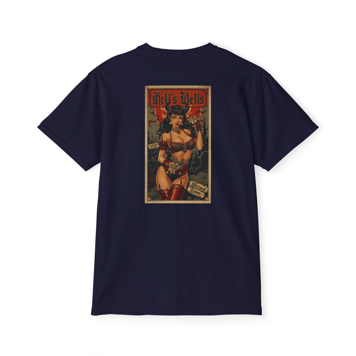 Hells Bells T-Shirt - Blessed Loser featuring a unique design on True Navy back, perfect for casual outings.