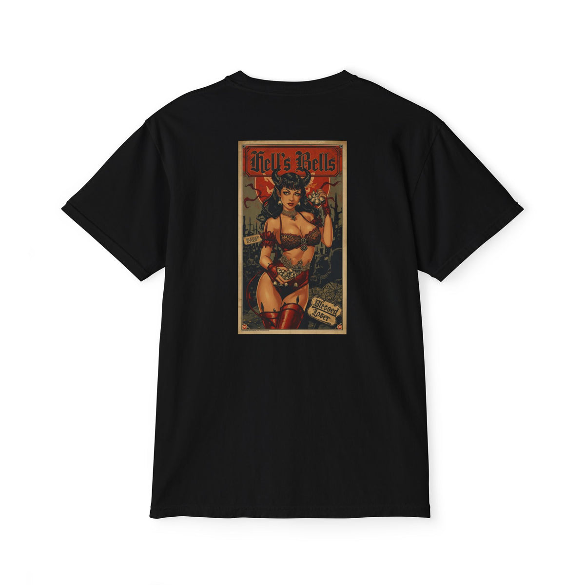 Hells Bells T-Shirt - Blessed Loser featuring a vintage graphic design on the back in a striking black color.