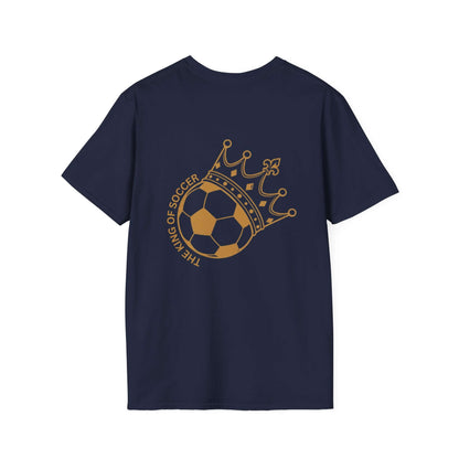 Back view of The King of Soccer crowned soccer ball t-shirt, featuring a golden crown graphic on a navy blue tee.