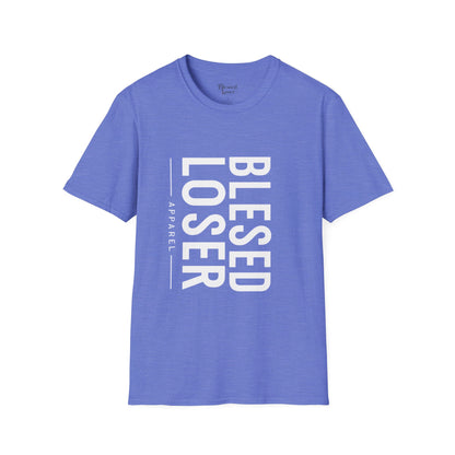 Blessed Loser T-Shirt | Vertical Bold Text Graphic Tee in light blue with bold white text.