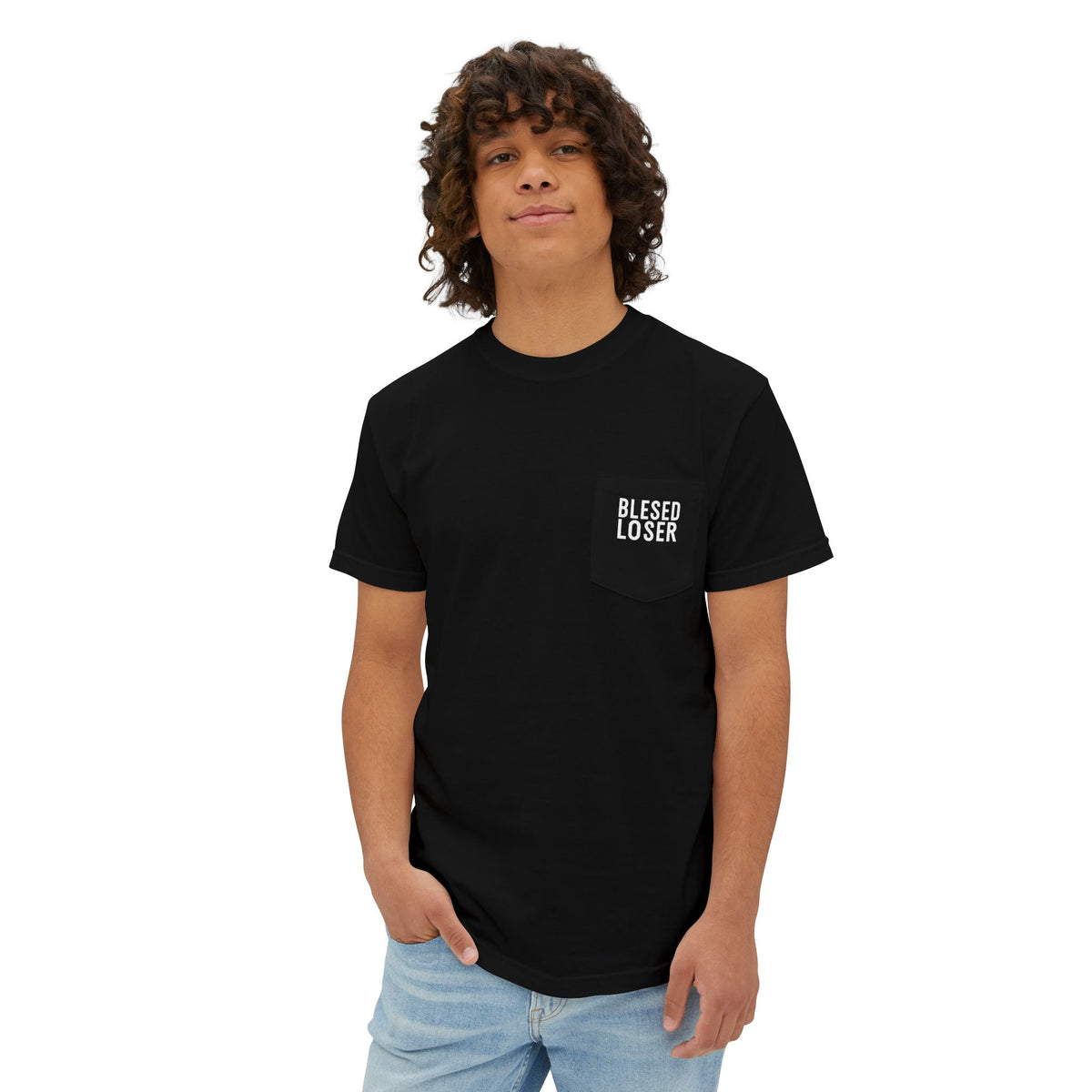 Bridge Burn Pocket T-Shirt - Blessed Loser worn by a young man with a stylish pocket design.