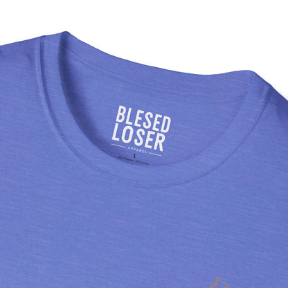 Blessed to Lose, Honored to Win T-Shirt showing a close-up of the blue crew neck design.