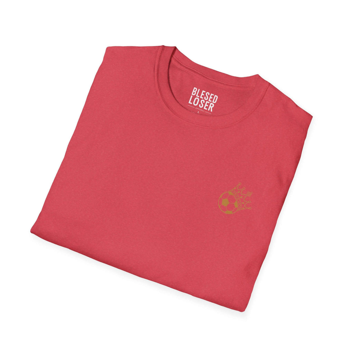 Blessed to Lose, Honored to Win T-Shirt folded in a vibrant coral color with a crown graphic.
