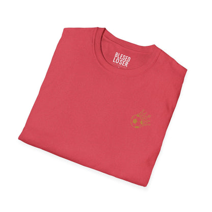 Blessed to Lose, Honored to Win T-Shirt folded in a vibrant coral color with a crown graphic.