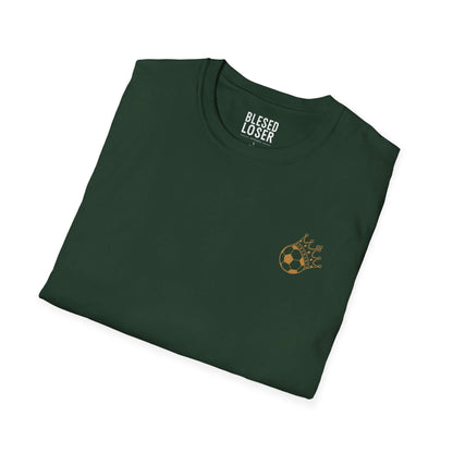 Blessed to Lose, Honored to Win T-Shirt in green with gold soccer ball graphic on chest.