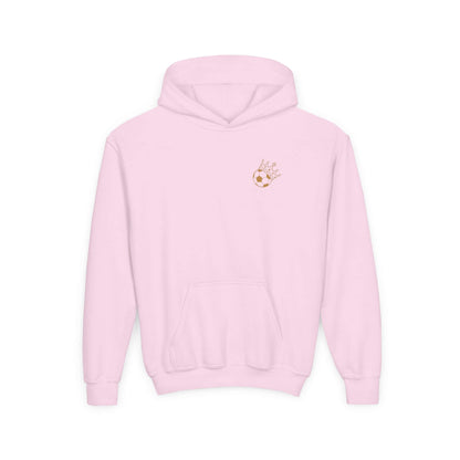 Spartans Youth Hoodie — South Georgia Spartans Soccer Team Logo in light pink with kangaroo pocket and emblem.
