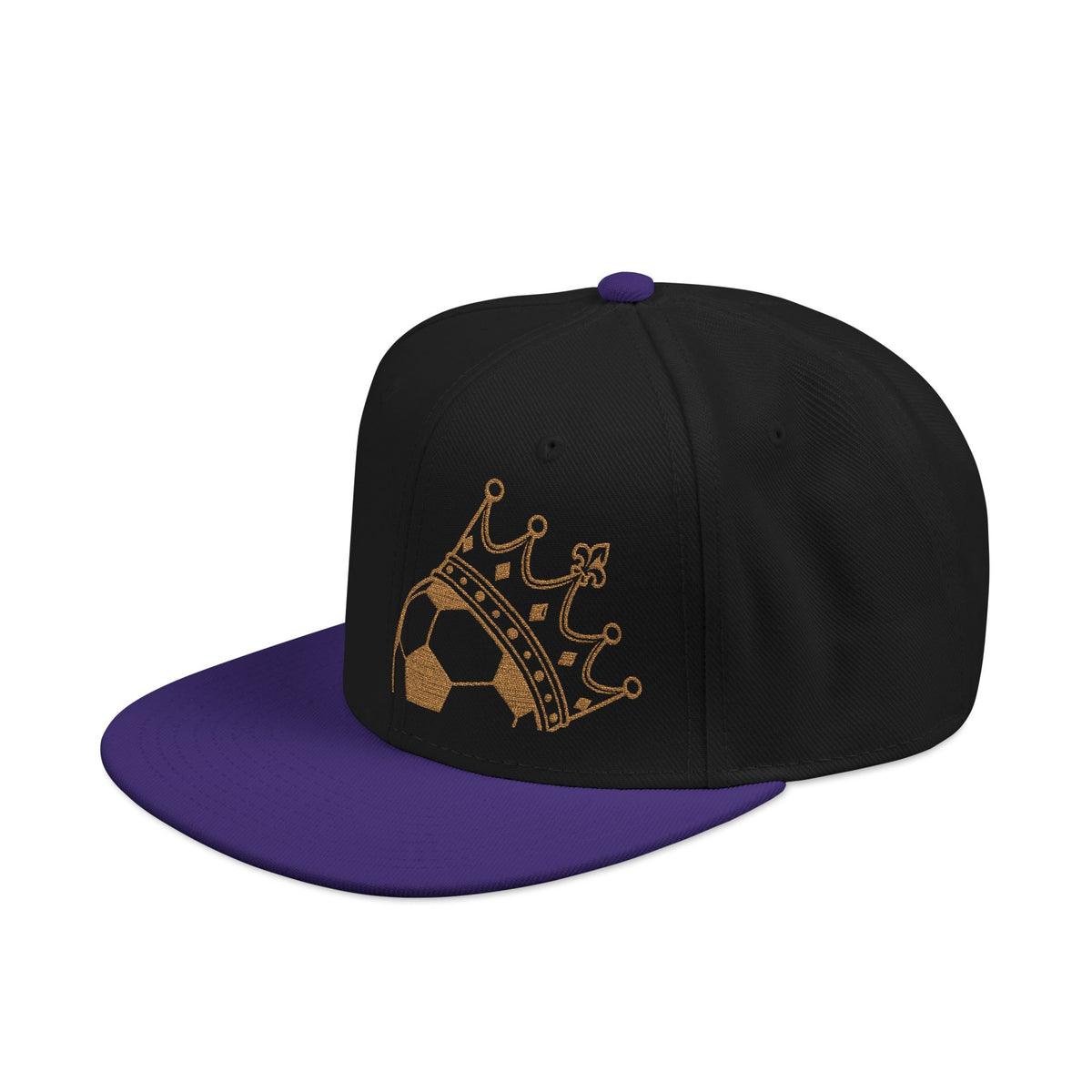 King of soccer Crown Snapback Hat — Bling Gold Crown Design (Black & Purple)