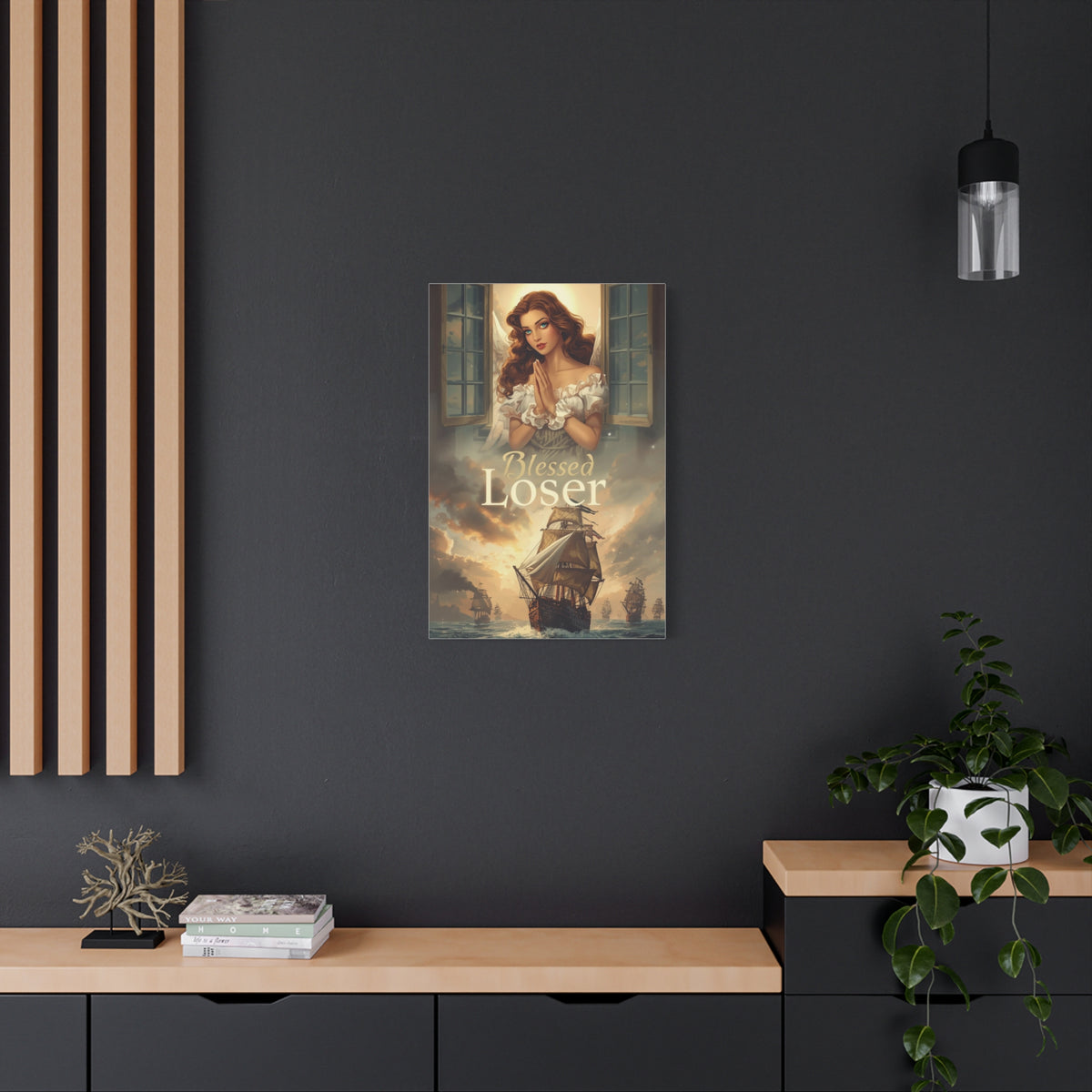 Blessed Loser Design Canvas Wall Art featuring a woman in prayer with a ship in the background on a dark wall.