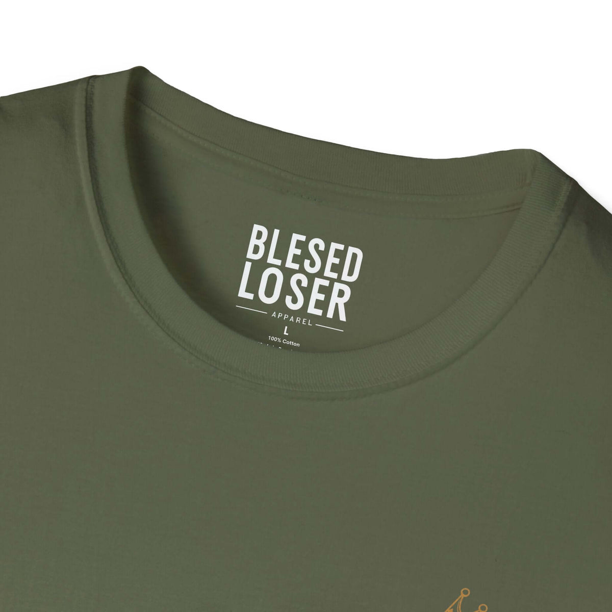 Blessed to Lose, Honored to Win T-Shirt showing the tag and collar detail on an olive green tee.