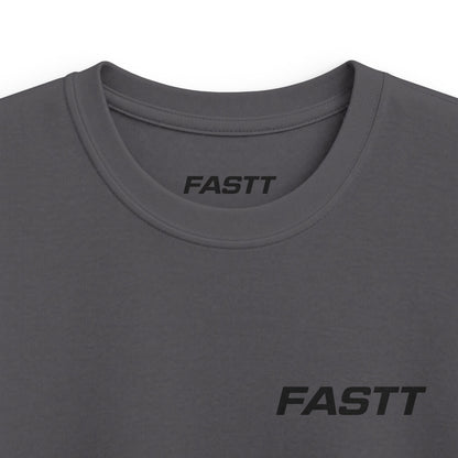 Kids Tee — 'FASTT' Soccer Ball with Crown Graphic Youth футболка close-up of black logo on gray fabric