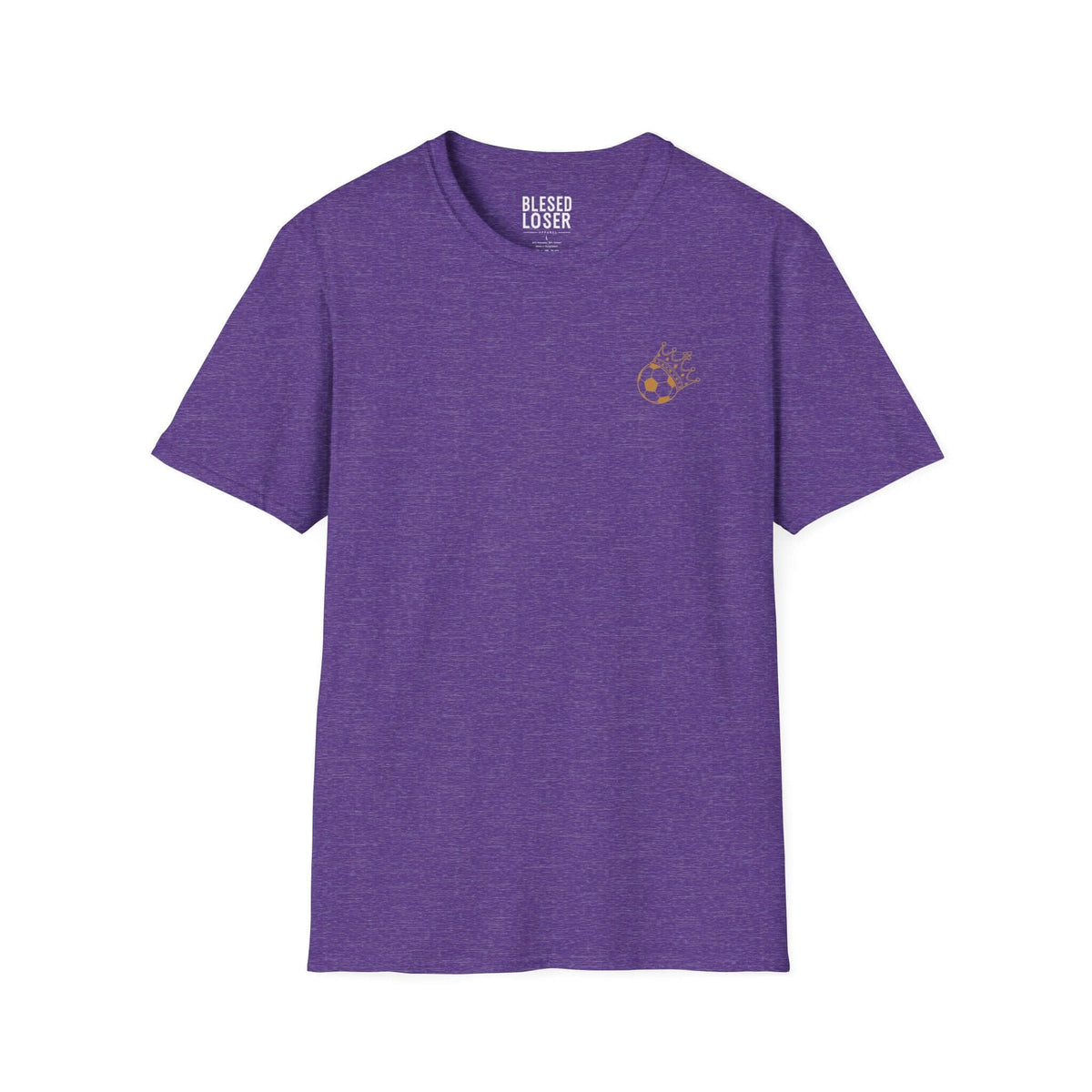 Blessed to Lose, Honored to Win T-Shirt in heather purple with laurel motifs and smooth cotton fabric.