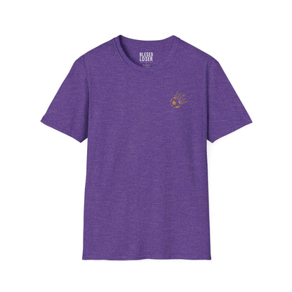 Blessed to Lose, Honored to Win T-Shirt in heather purple with laurel motifs and smooth cotton fabric.