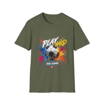Soccer Splash T-Shirt — "Play Hard, Live" Colorful Football Graphic in military green with vibrant soccer ball design.